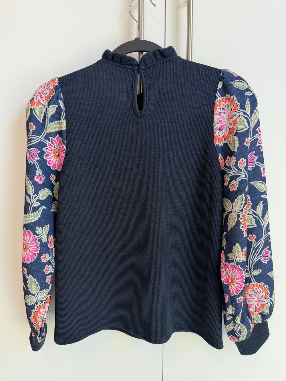 THML Sz XS Navy Floral Puff Sleeve Rib Knit Top Mock Neck Boho Cottagecore - Picture 3 of 11